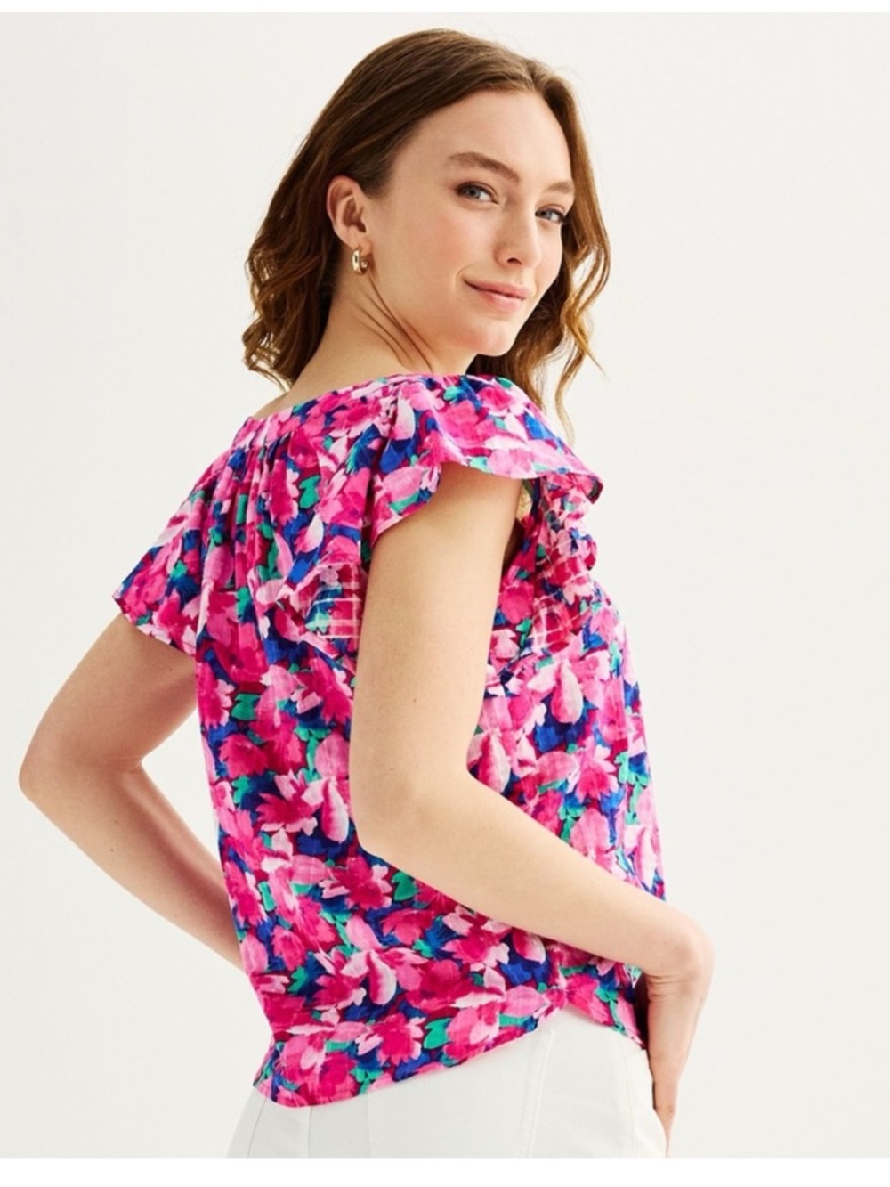 Draper James  Floral Print Flutter Sleeve Squareneck Top Fuschia Pink L - Picture 3 of 8